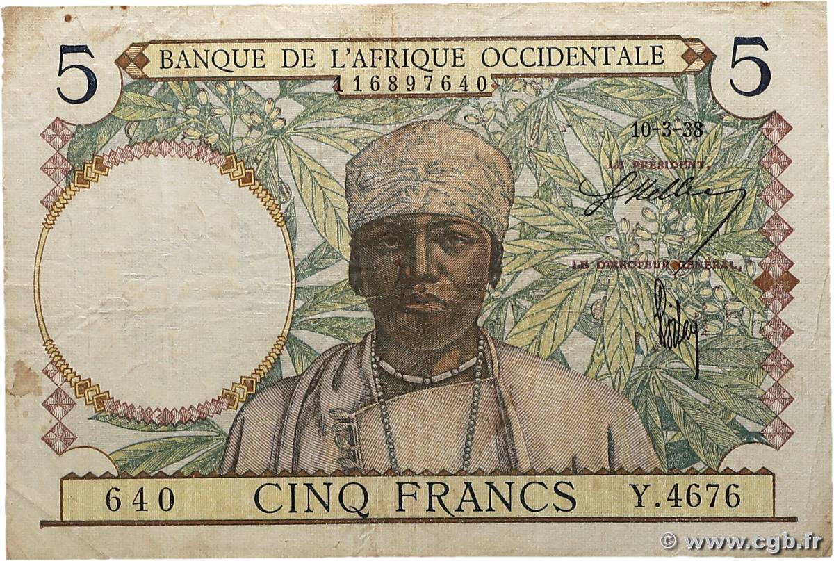5 Francs AFRIQUE OCCIDENTALE FRANÇAISE (1895-1958)  1938 P.21 TB