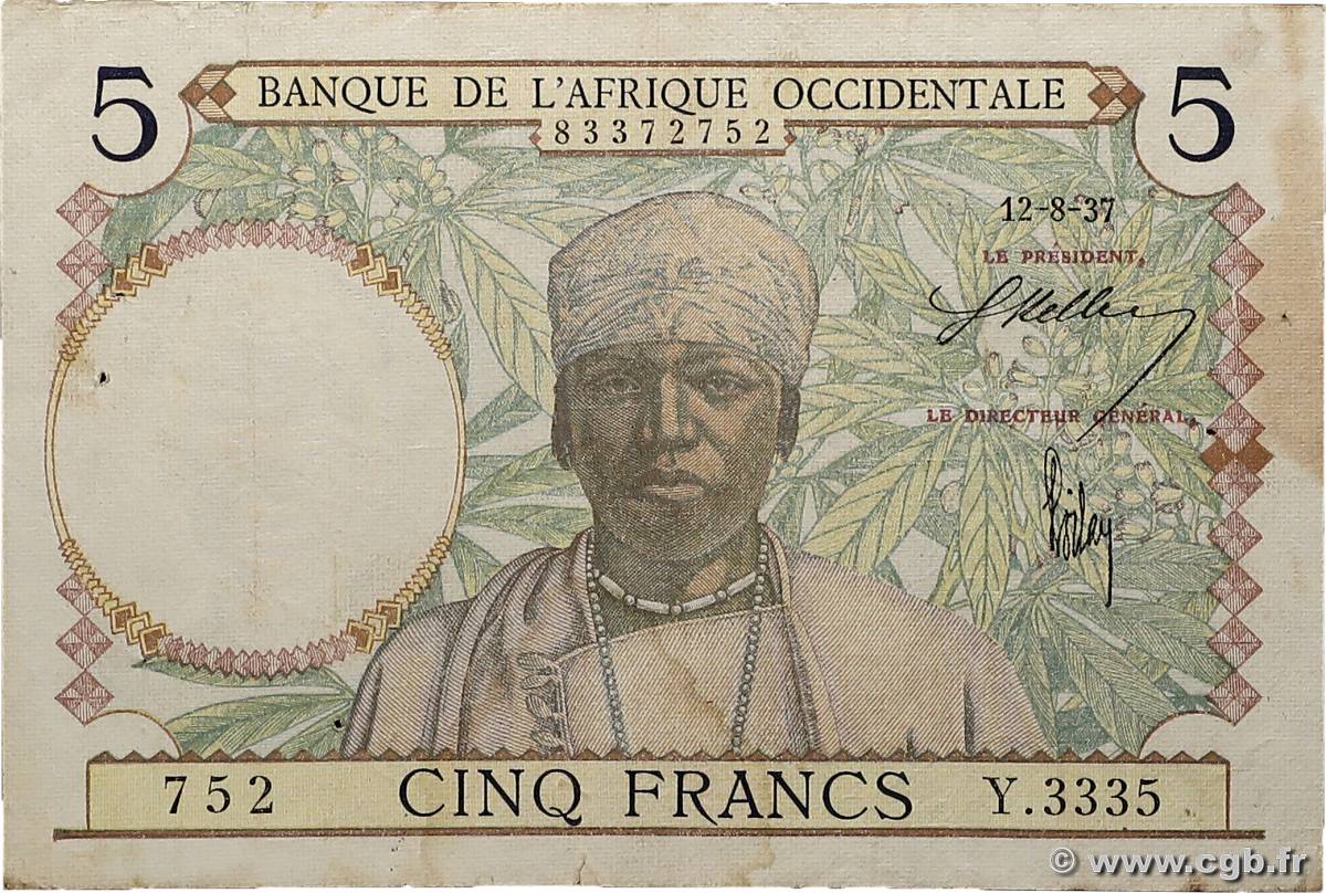 5 Francs FRENCH WEST AFRICA  1937 P.21 MBC