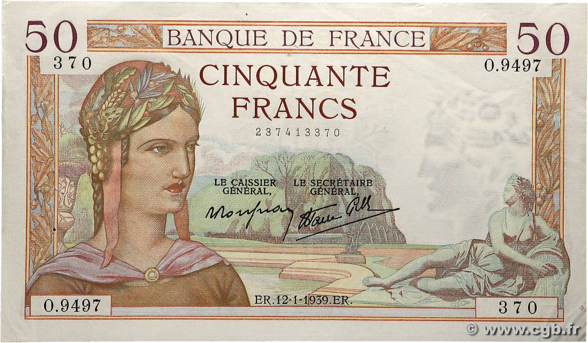 50 Francs CÉRÈS modifié FRANCE  1939 F.18.20 XF