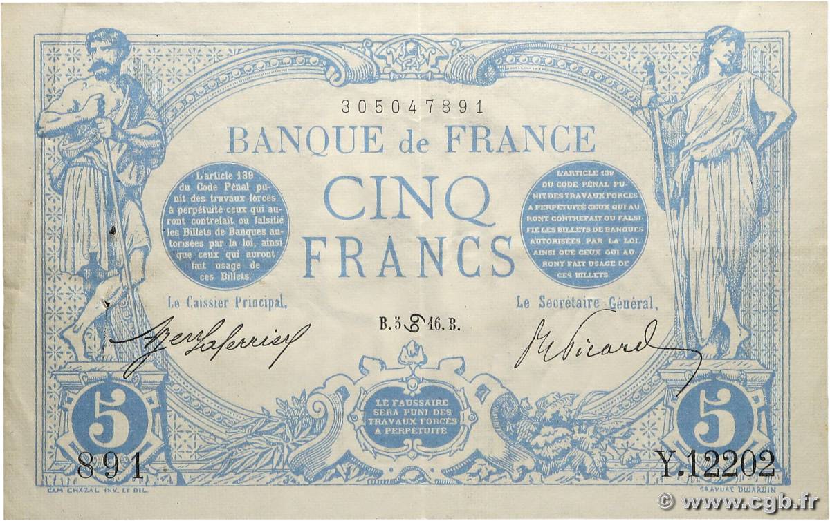 5 Francs BLEU FRANCIA  1916 F.02.40 q.SPL