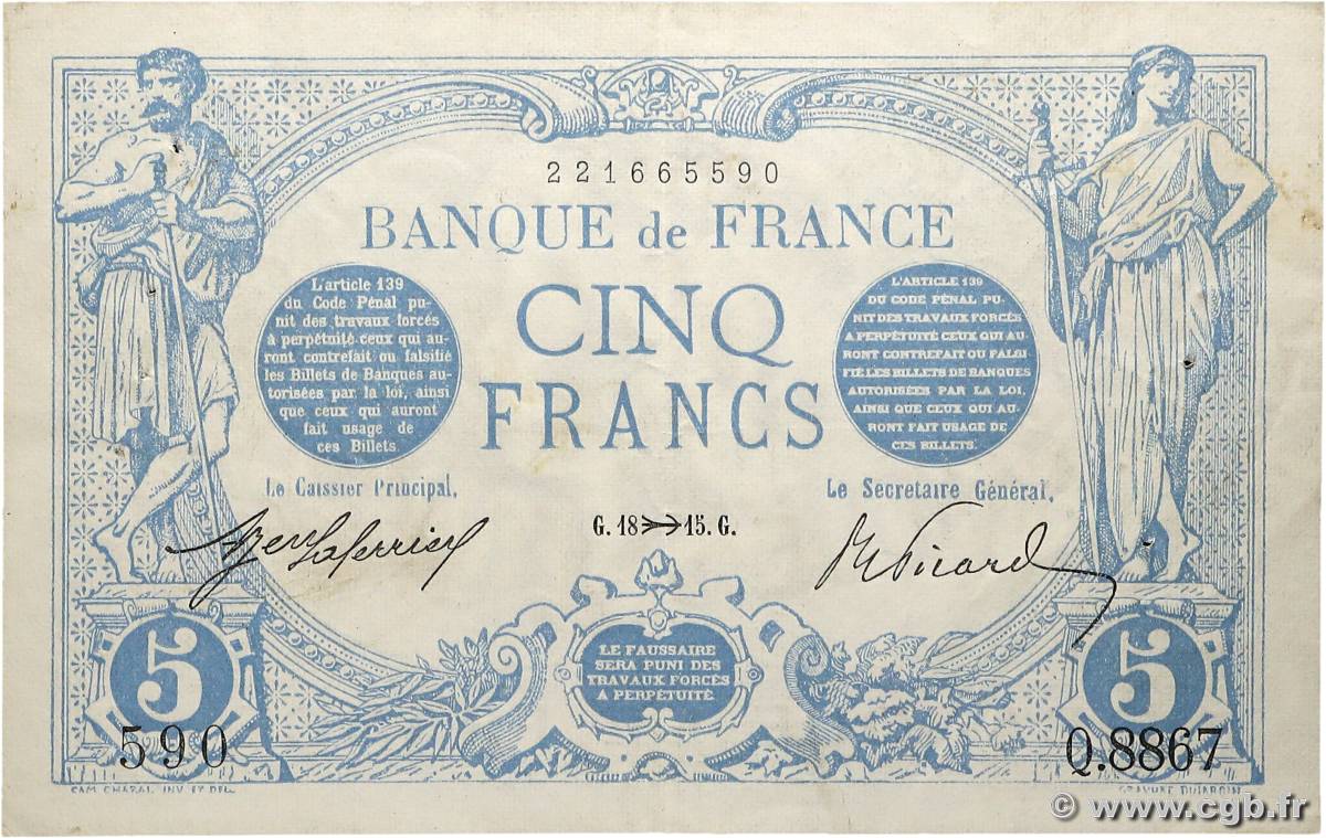 5 Francs BLEU FRANCIA  1915 F.02.33 q.SPL
