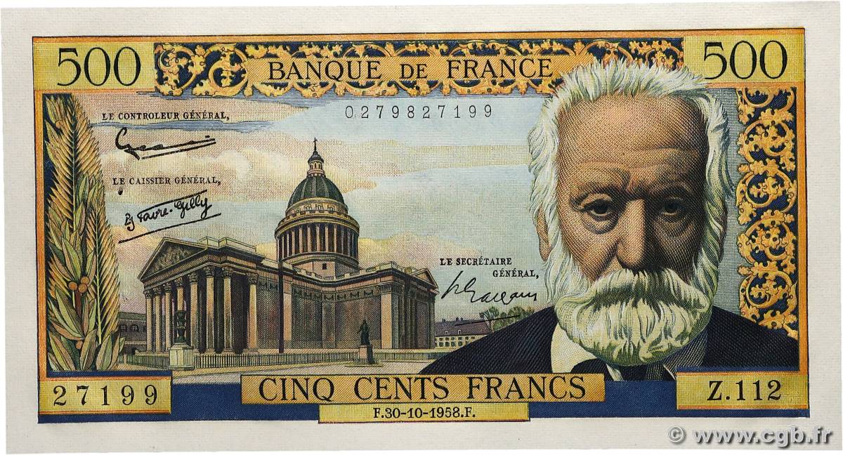 500 Francs VICTOR HUGO Grand numéro FRANCIA  1958 F.35.11 AU