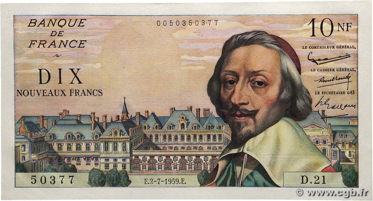 10 Nouveaux Francs RICHELIEU FRANCE  1959 F.57.02 UNC-