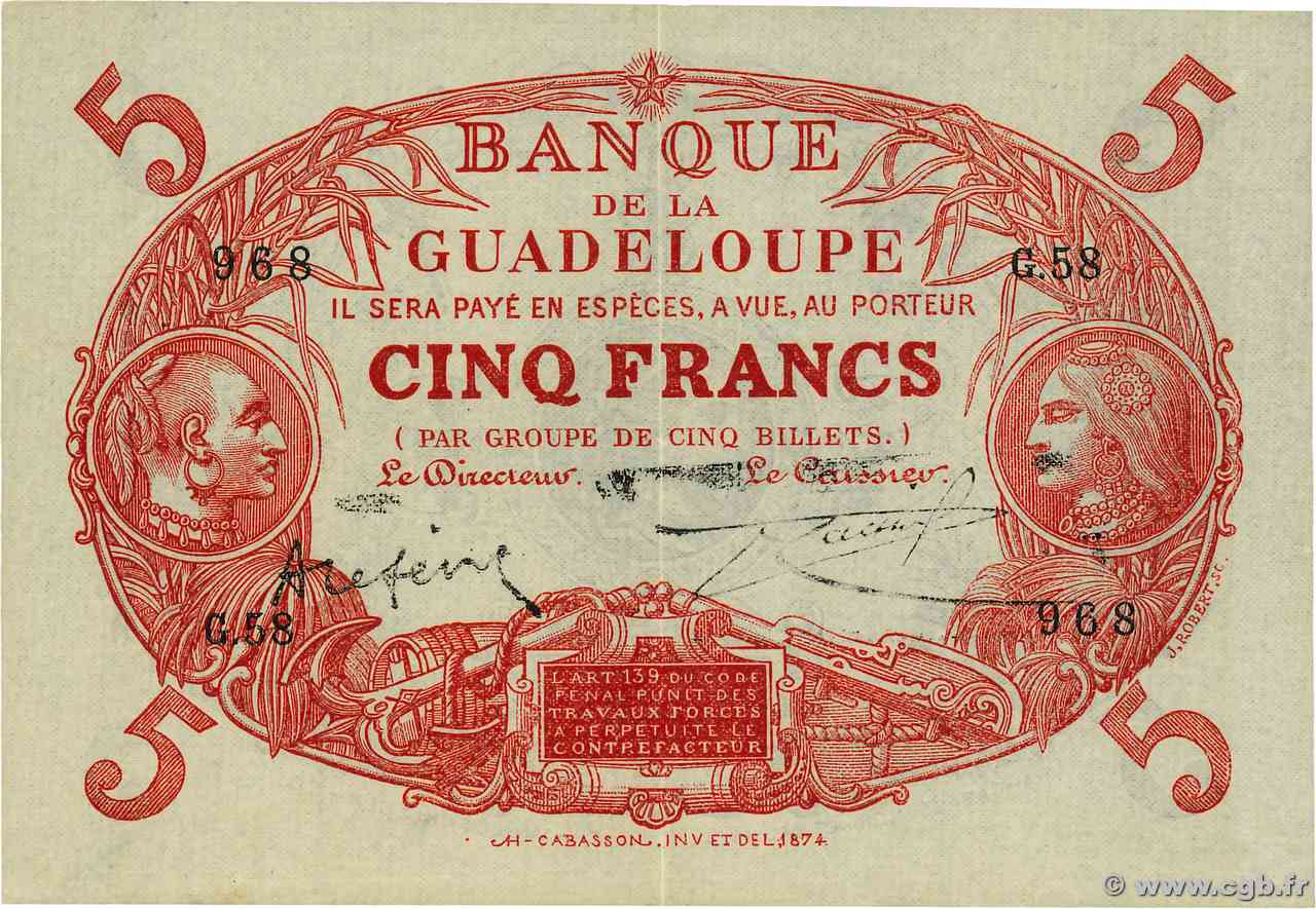 5 Francs Cabasson rouge GUADELOUPE  1923 P.07 SUP