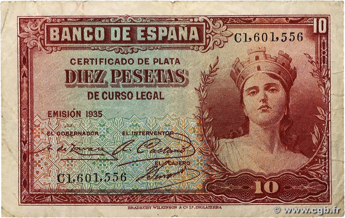 10 Pesetas ESPAGNE  1935 P.086a TB+