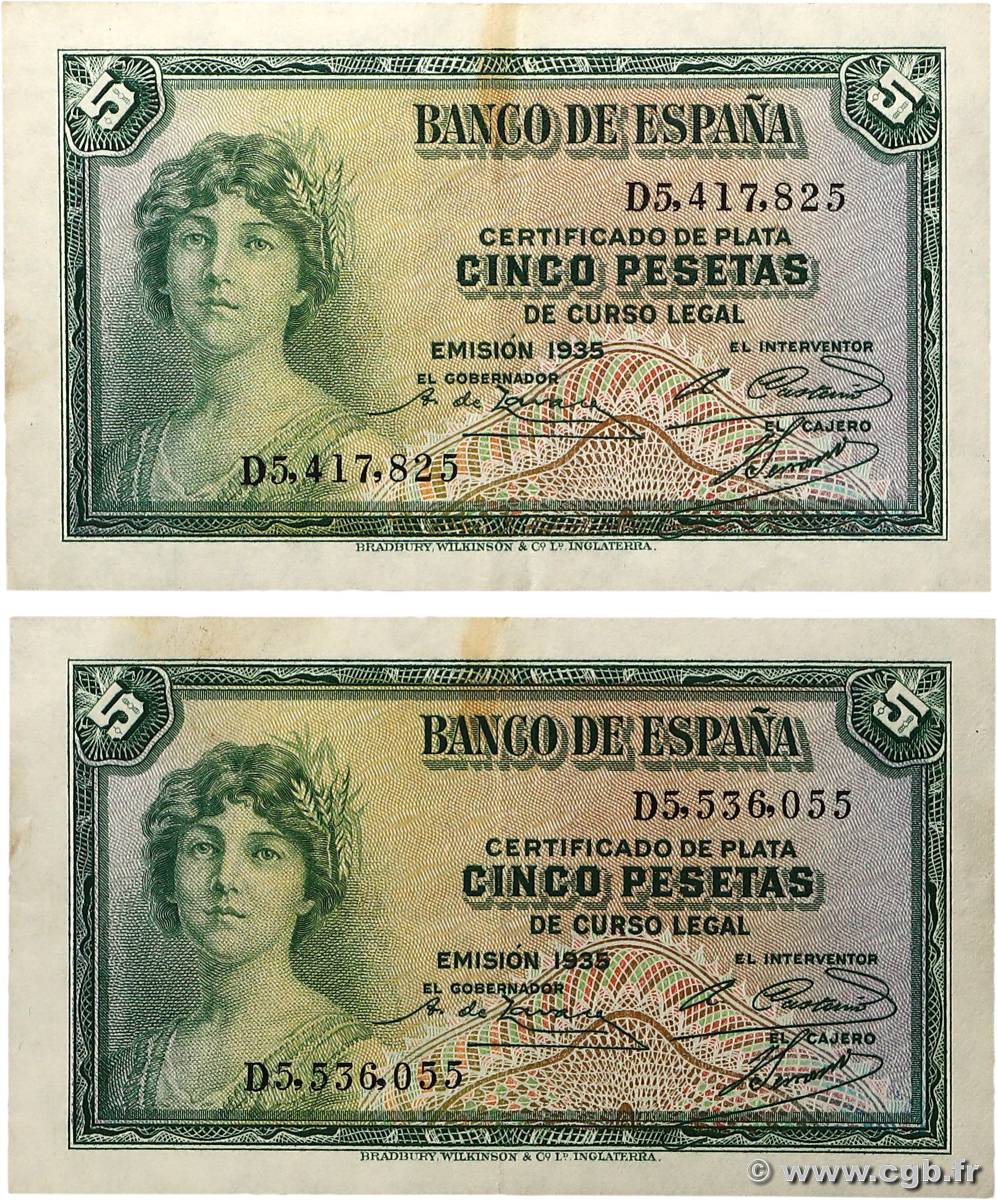 5 Pesetas Lot SPAIN  1935 P.085a VF+