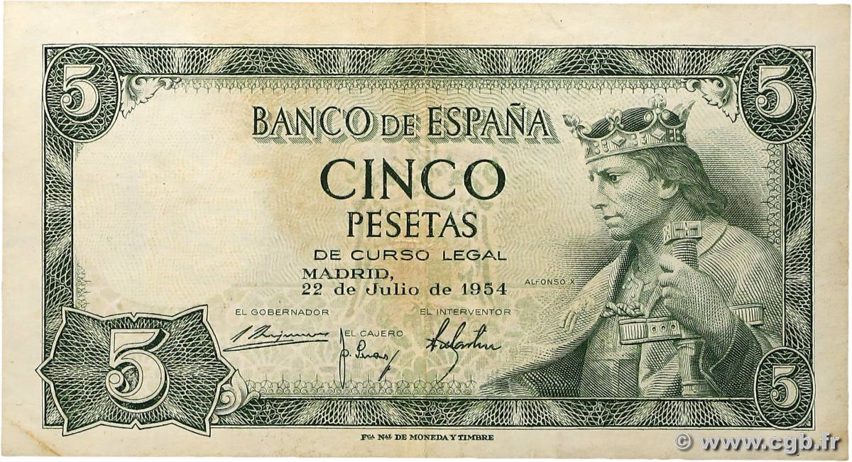 5 Pesetas ESPAGNE  1954 P.146a TTB+