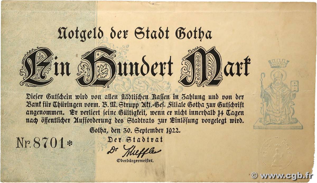 100 Mark ALLEMAGNE Gotha 1922 P.- TTB+