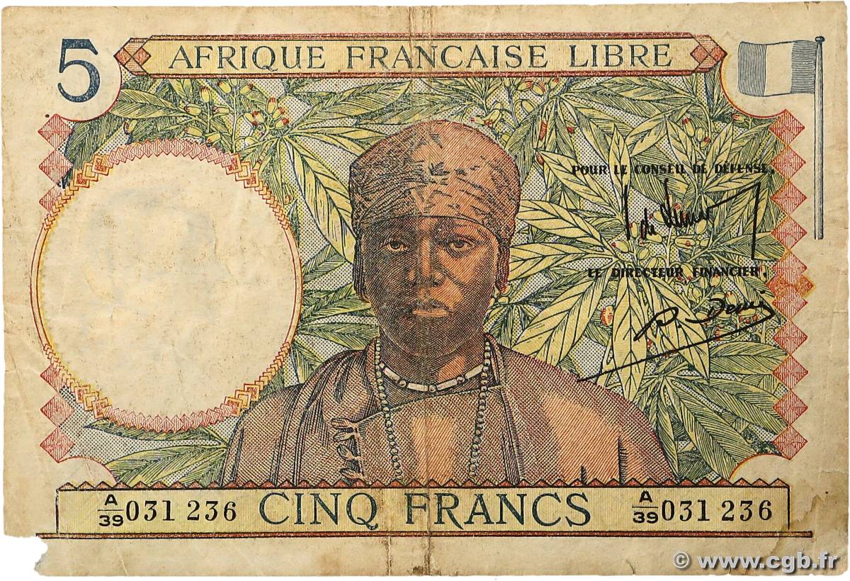 5 Francs type 1941 AFRIQUE ÉQUATORIALE FRANÇAISE  1943 A.114e TB