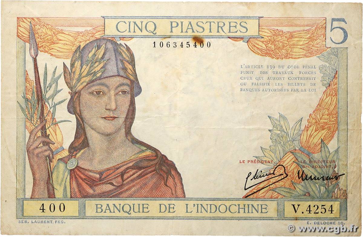 5 Piastres INDOCHINE FRANÇAISE  1936 P.055c TB+
