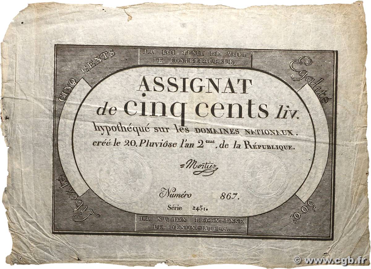 500 Livres FRANCE  1794 Ass.47a pr.TTB