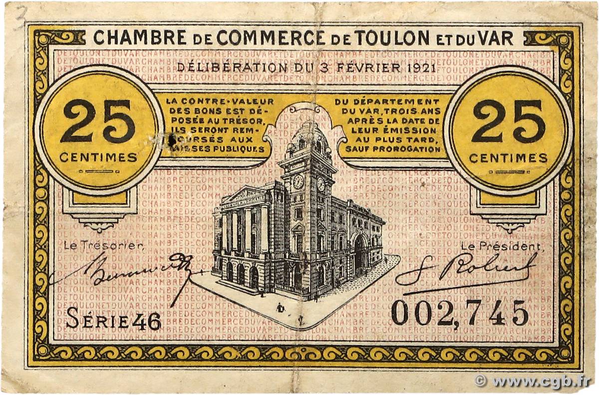 25 Centimes FRANCE régionalisme et divers Toulon 1921 JP.121.32 TB