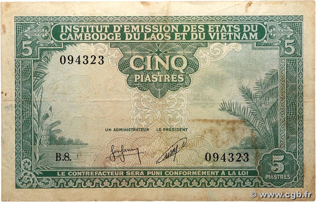5 Piastres - 5 Riels INDOCHINE FRANÇAISE  1953 P.095 TB
