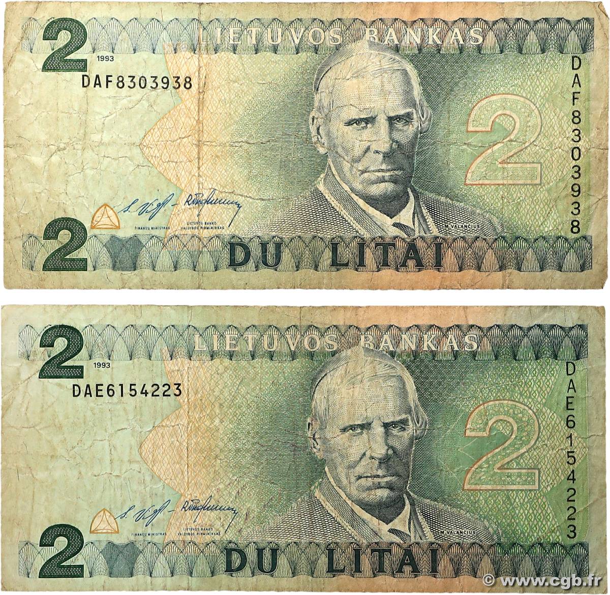 2 Litai Lot LITUANIE  1993 P.54a B+