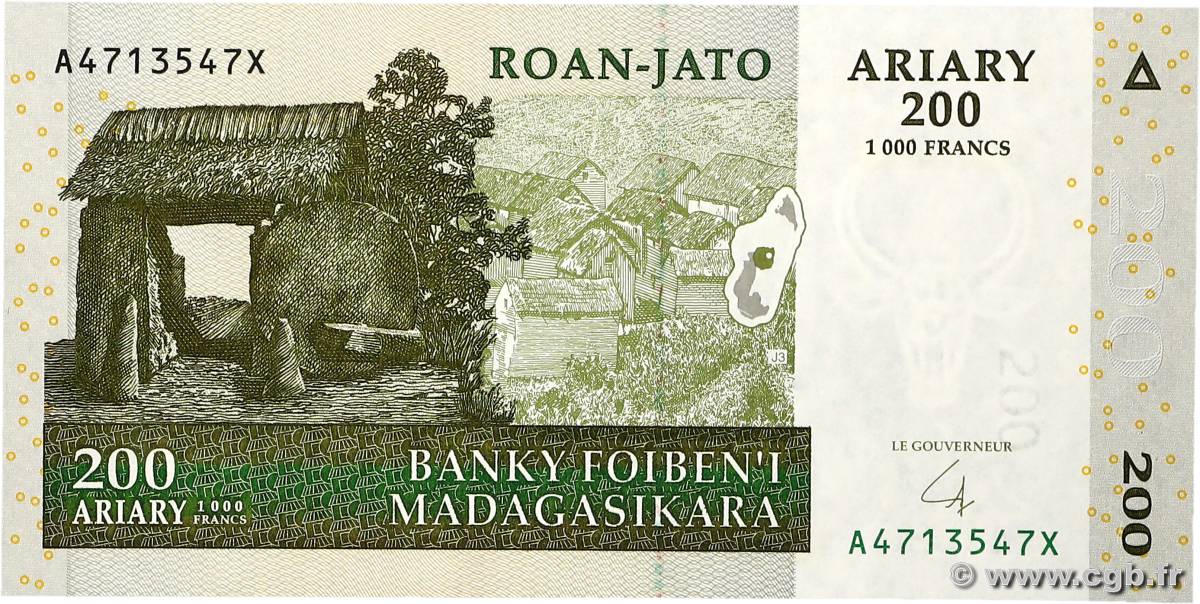1000 Francs - 200 Ariary MADAGASCAR  2004 P.087b UNC-