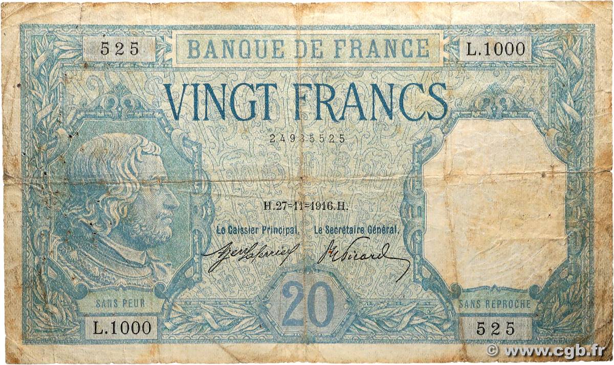20 Francs BAYARD FRANCE  1916 F.11.01 B+