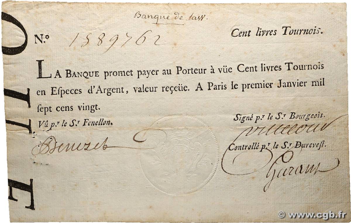 100 Livres Tournois typographié FRANCE  1720 Dor.26 TTB