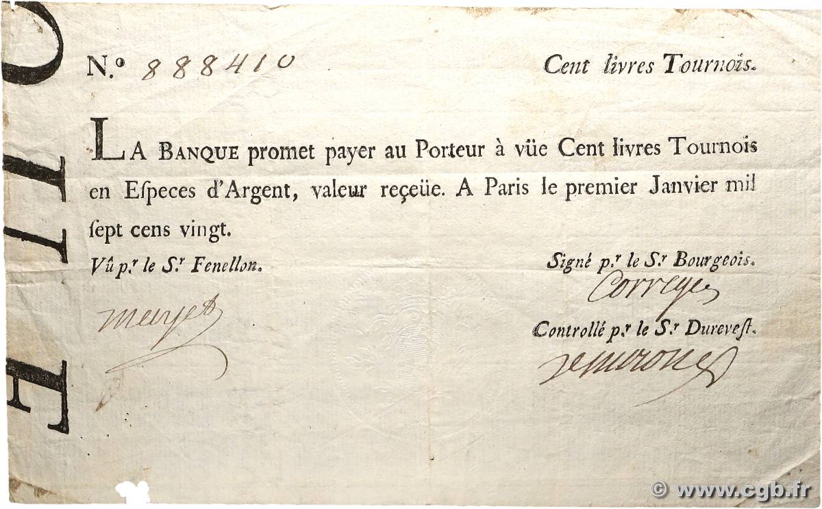 100 Livres Tournois typographié FRANCE  1720 Dor.26 TTB