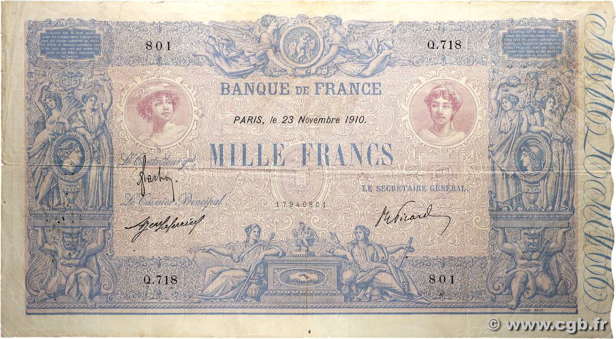 1000 Francs BLEU ET ROSE FRANCE  1910 F.36.24 TB+