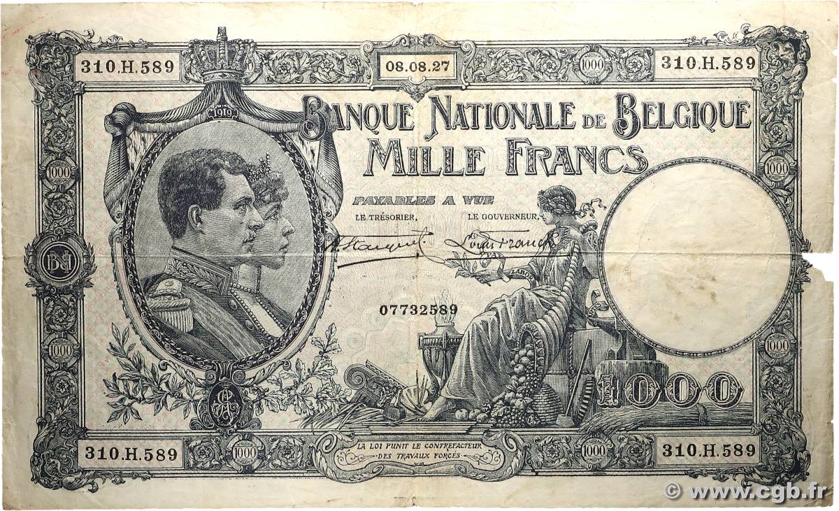 1000 Francs BELGIQUE  1927 P.096 B+