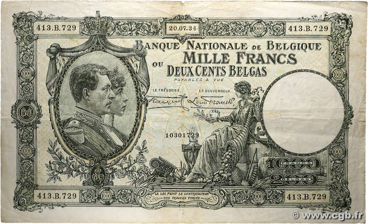 1000 Francs - 200 Belgas BELGIQUE  1934 P.104 TB