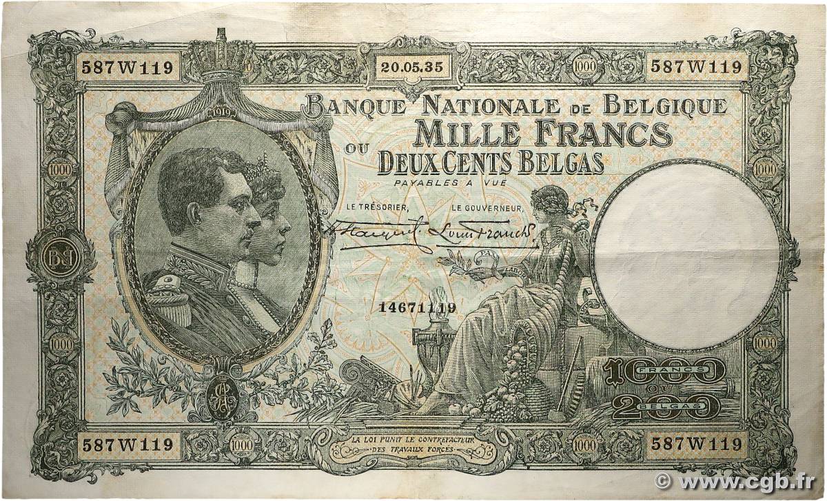 1000 Francs - 200 Belgas BELGIQUE  1935 P.104 TB+