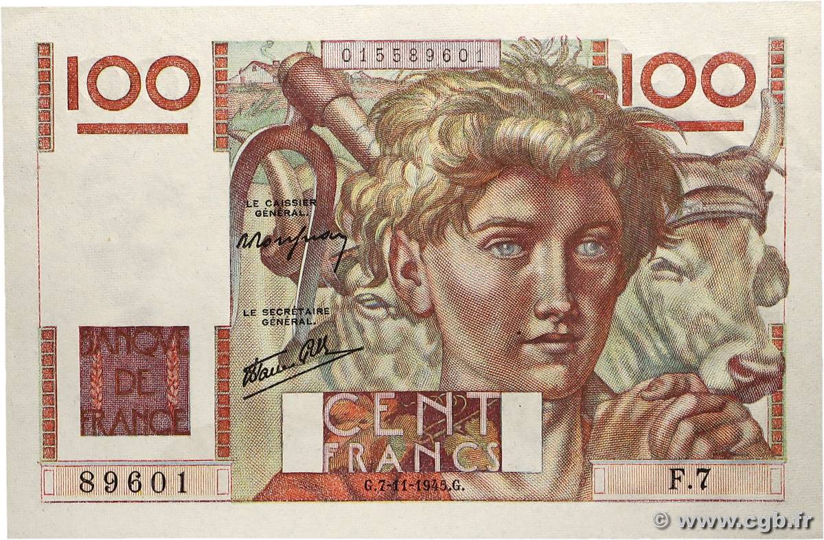 100 Francs JEUNE PAYSAN FRANCE  1945 F.28.01 pr.NEUF