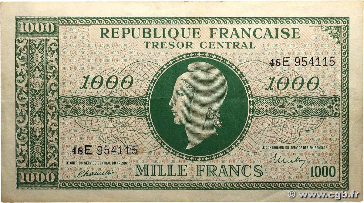 1000 Francs MARIANNE THOMAS DE LA RUE FRANCE  1945 VF.13.02 TTB+