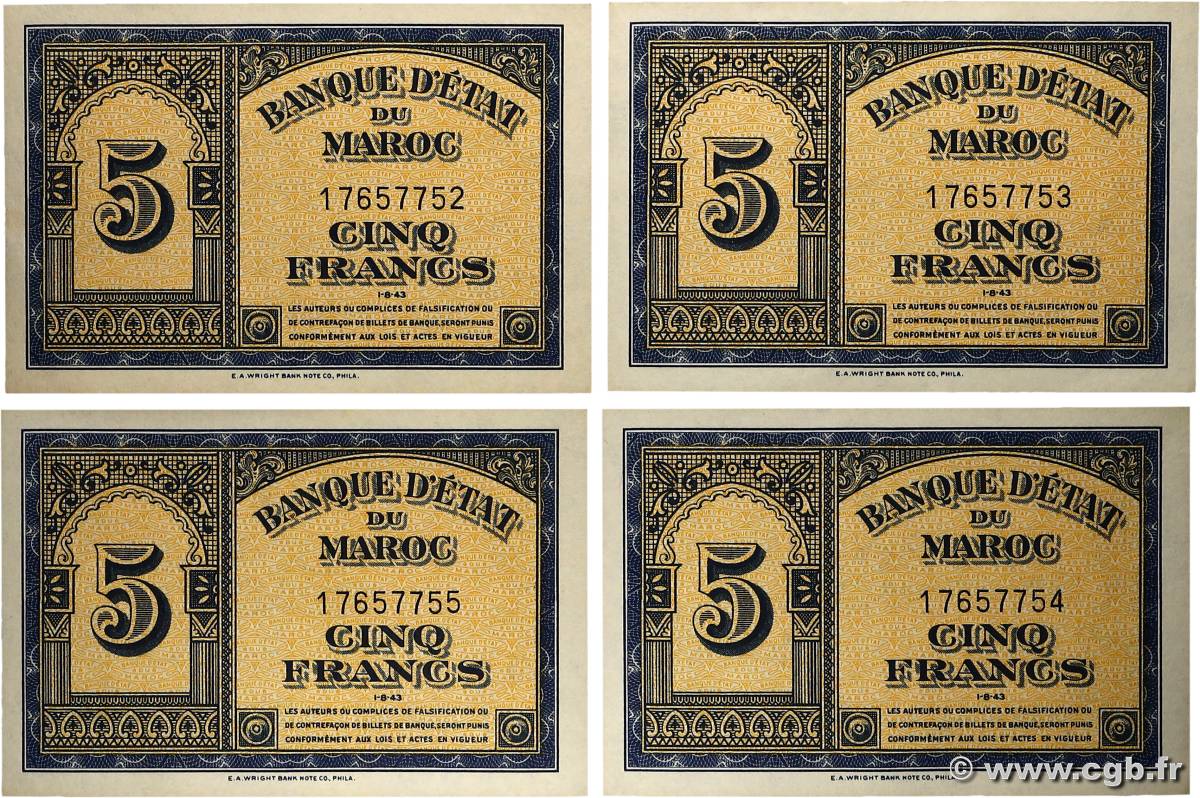 5 Francs Consécutifs MAROC  1943 P.24 SPL+