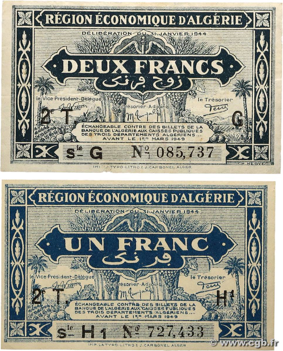 1 et 2 Franc Lot ALGERIEN  1944 P.101 et P.102 SS to VZ
