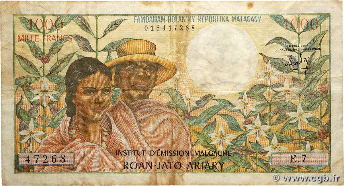 1000 Francs - 200 Ariary MADAGASCAR  1966 P.059a TB
