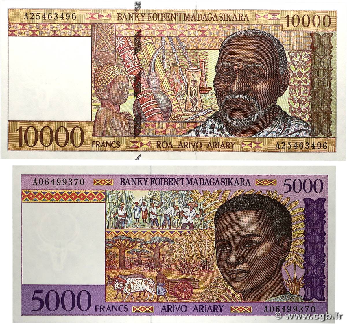 5000 Francs - 1000 Ariary et 10000 Francs - 2000 Ariary Lot MADAGASCAR  1995 P.078a et P.079a SUP+