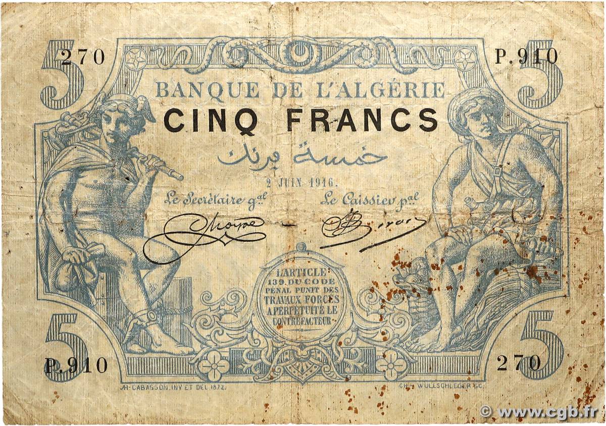 5 Francs ALGÉRIE  1916 P.071a B