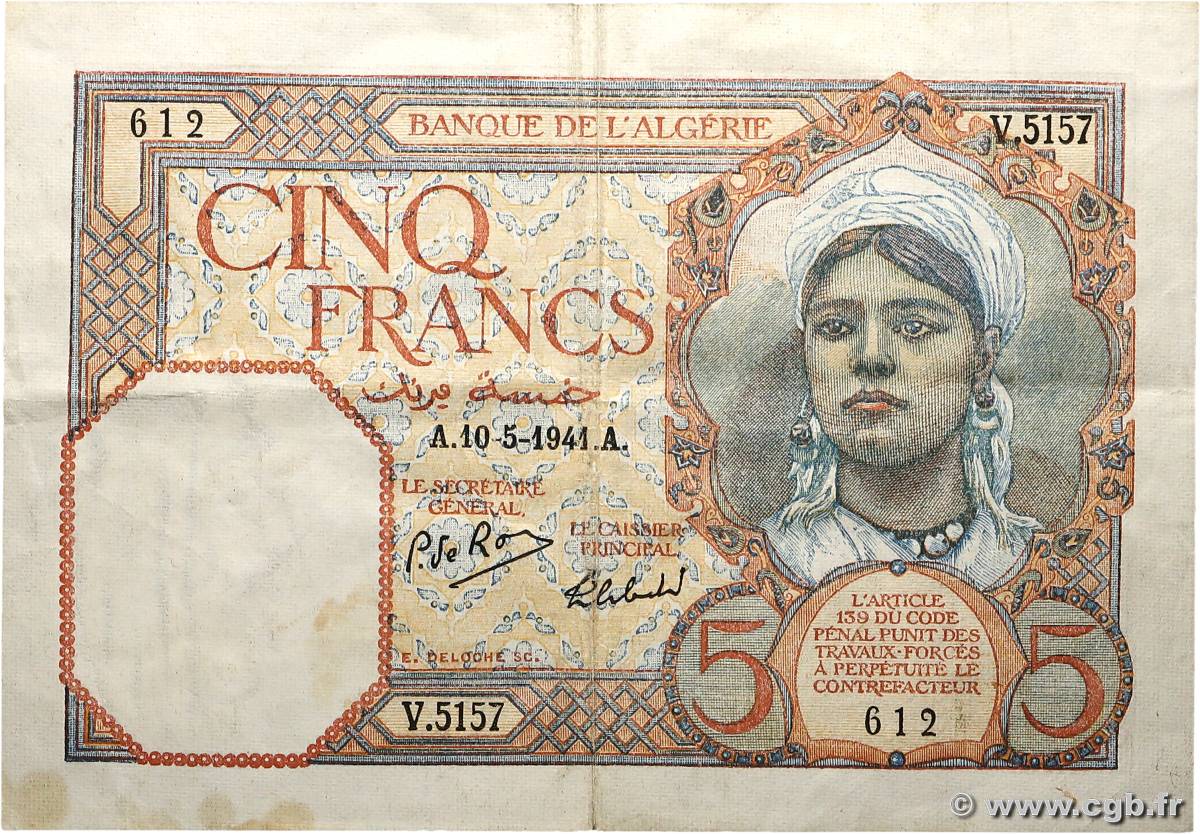 5 Francs ALGERIEN  1941 P.077b SS