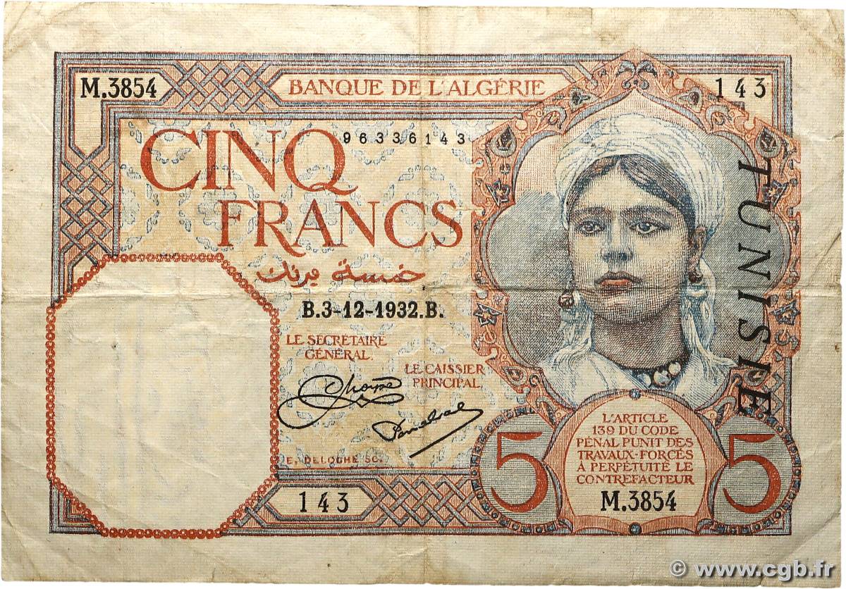 5 Francs TUNISIE  1932 P.08a TB