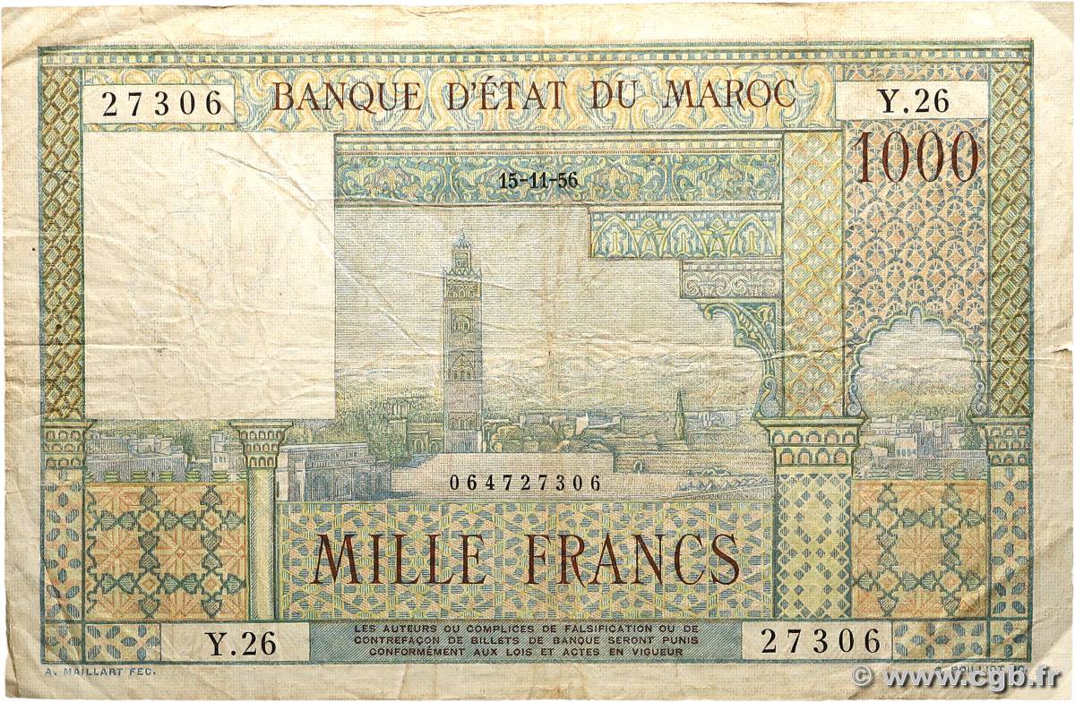 1000 Francs MAROKKO  1956 P.47 fS