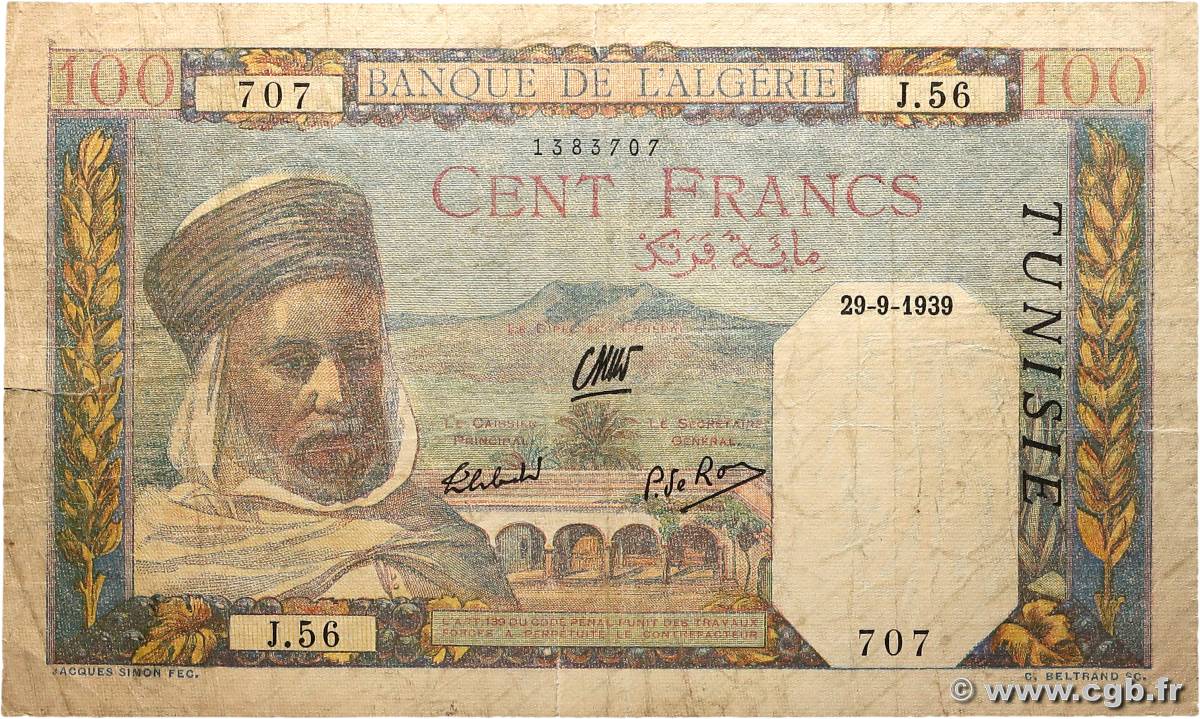 100 Francs TUNESIEN  1939 P.13a SGE
