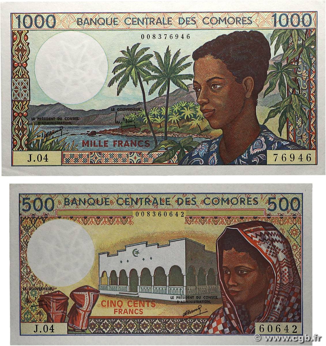 500 et 1000 Francs Lot COMORES  1994 P.10b1 et P.11b1 pr.NEUF