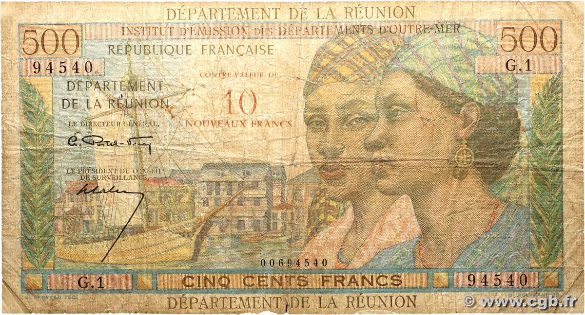 10 NF sur 500 Francs Pointe à Pitre REUNION INSEL  1964 P.54a SGE