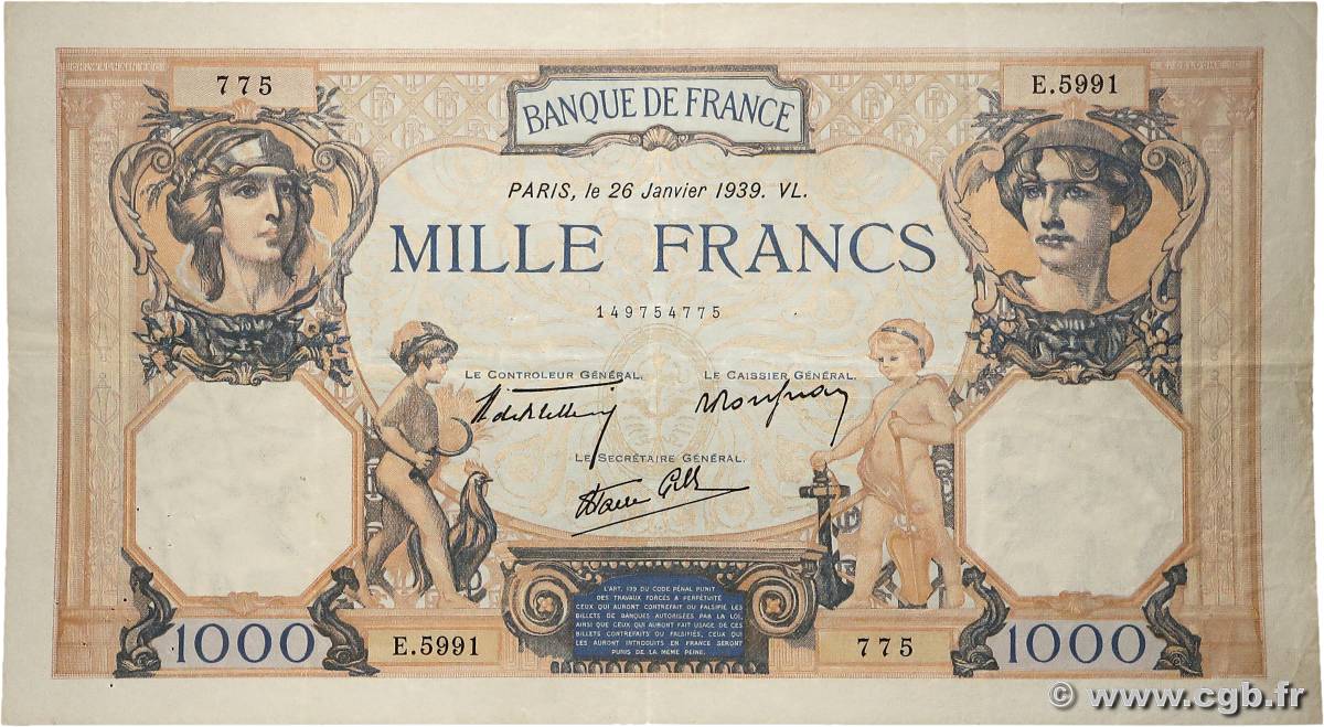 1000 Francs CÉRÈS ET MERCURE type modifié FRANCE  1939 F.38.33 TTB