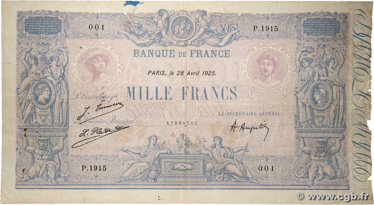 1000 Francs BLEU ET ROSE FRANCE  1925 F.36.41 TB