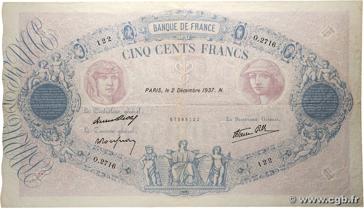 500 Francs BLEU ET ROSE modifié FRANCE  1937 F.31.04 TB+