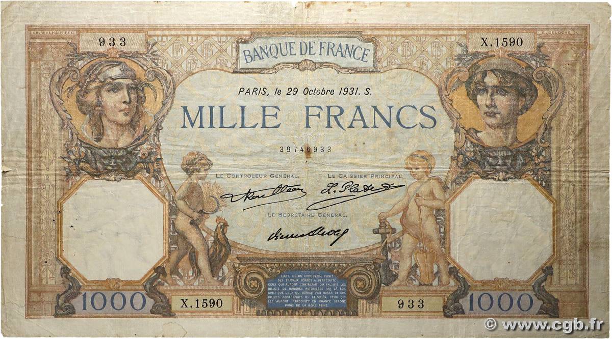 1000 Francs CÉRÈS ET MERCURE FRANCE  1931 F.37.06 TB