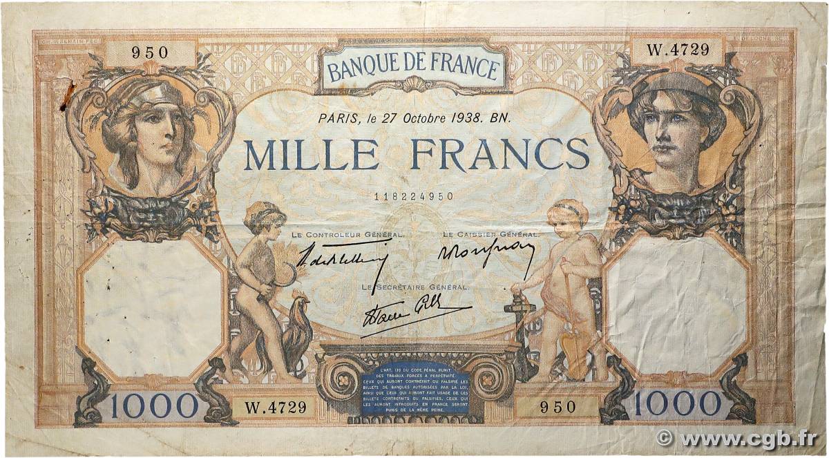 1000 Francs CÉRÈS ET MERCURE type modifié FRANCE  1938 F.38.30 TB