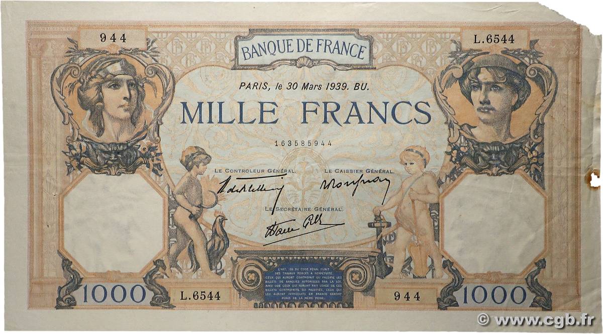 1000 Francs CÉRÈS ET MERCURE type modifié FRANCE  1939 F.38.35 TB+