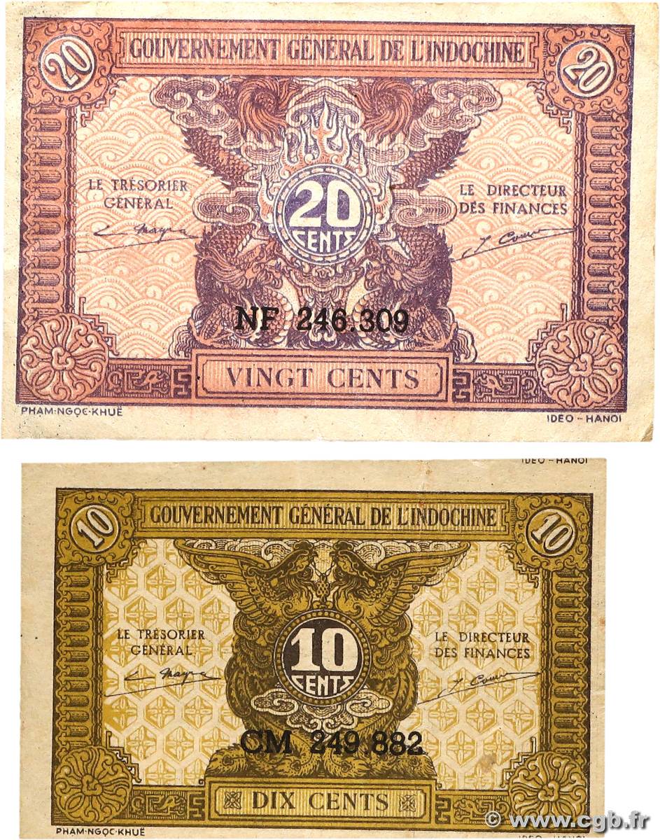 10 et 20 Cents Lot INDOCHINE FRANÇAISE  1942 P.089a et P.090a TTB
