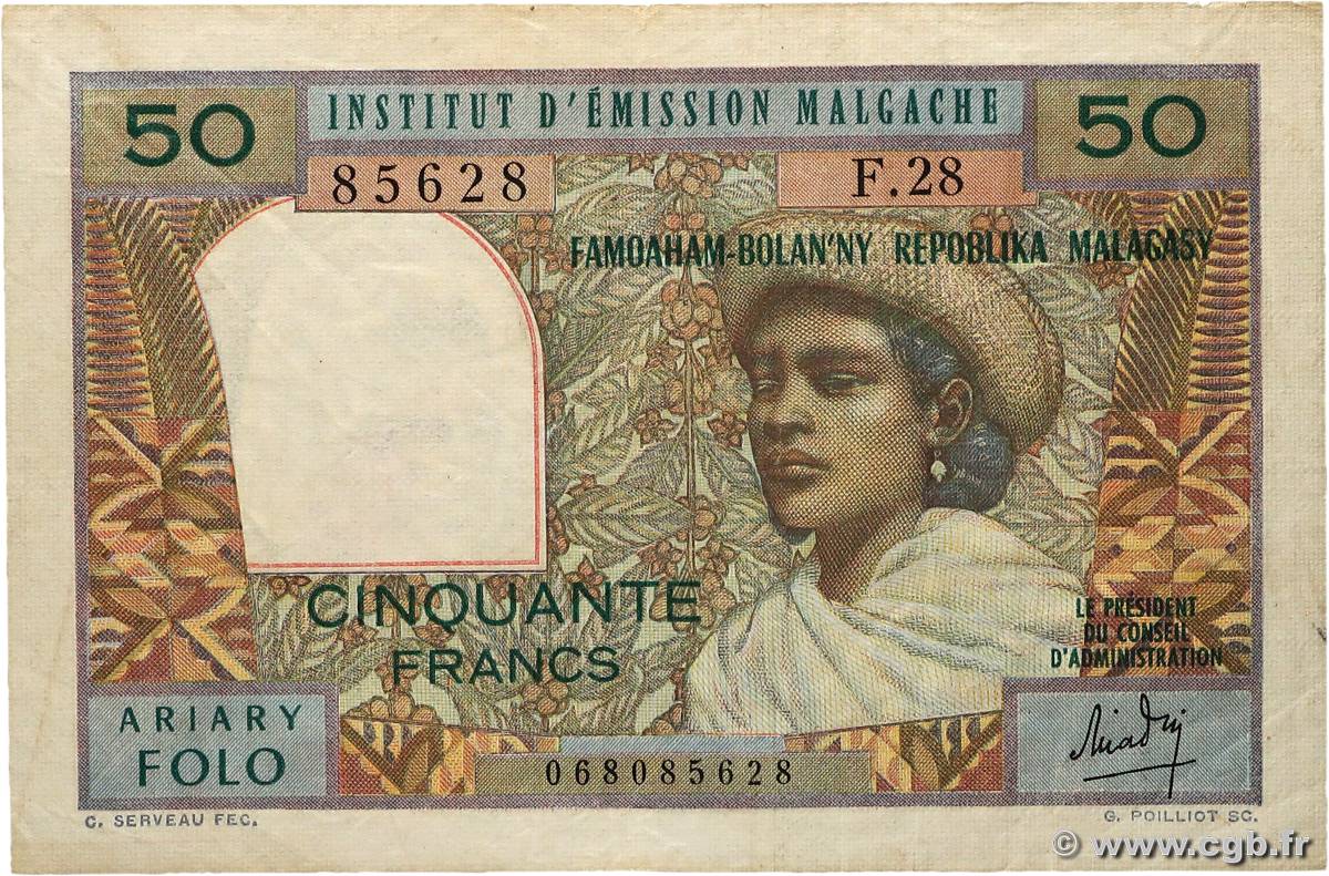 50 Francs - 10 Ariary MADAGASCAR  1969 P.061 BC+