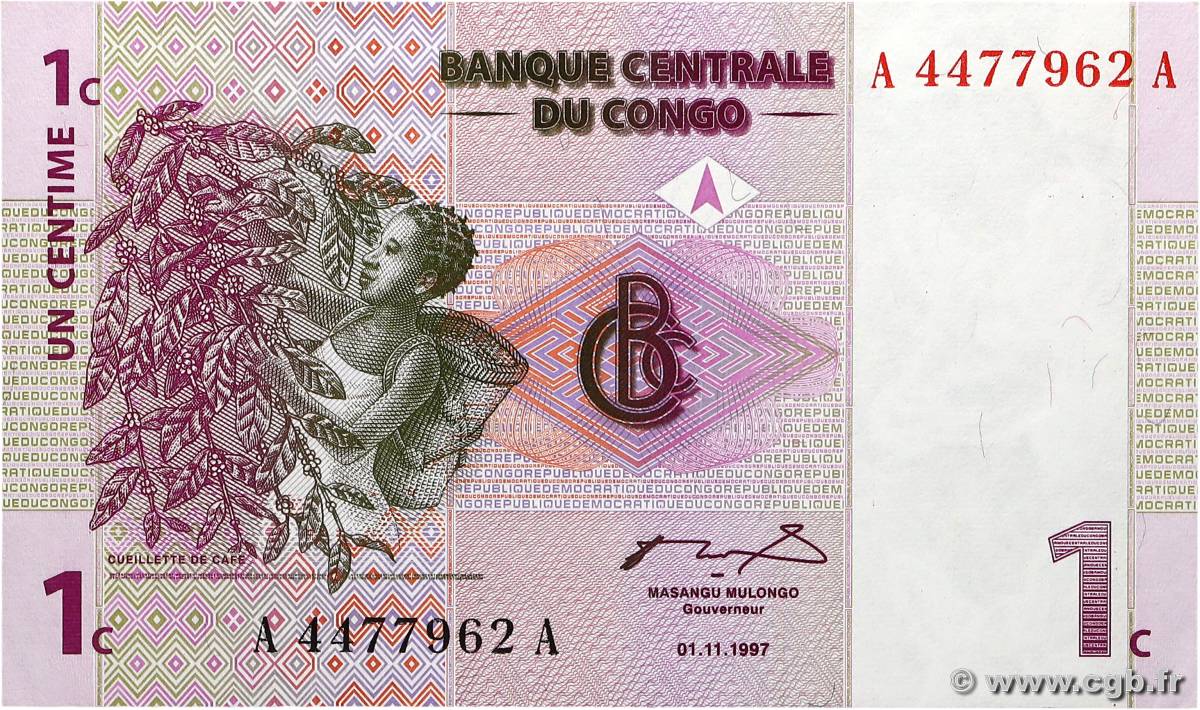 1 Centime CONGO, DEMOCRATIC REPUBLIC  1997 P.080a UNC
