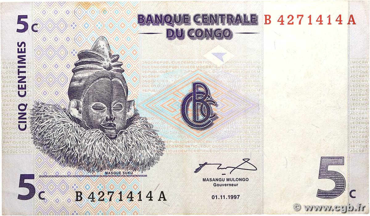 5 Centimes CONGO, DEMOCRATIC REPUBLIC  1997 P.081a VF+
