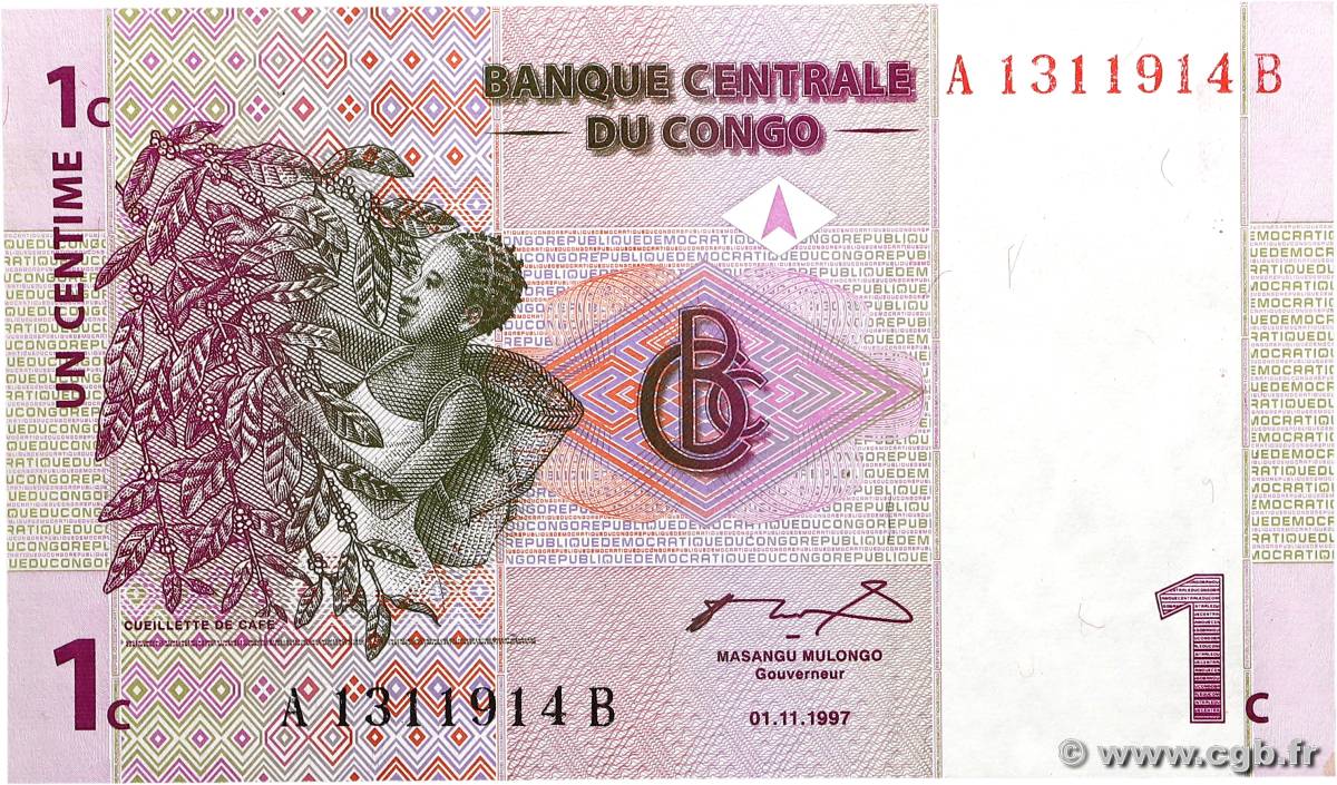 1 Centime CONGO, DEMOCRATIC REPUBLIC  1997 P.080a UNC